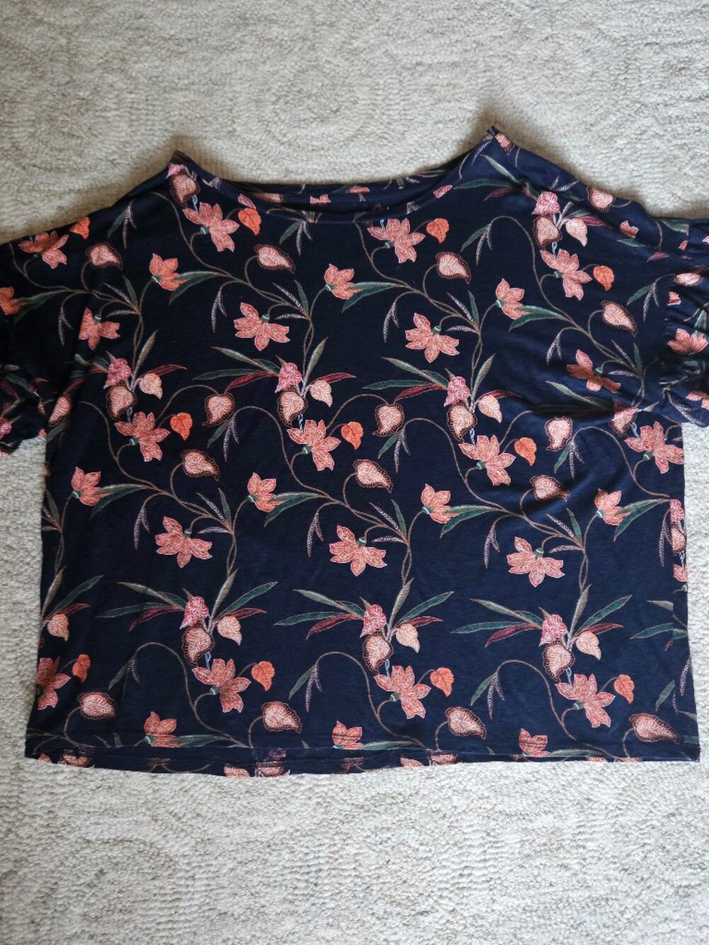 LOFT Floral Ruffle-Sleeve Linen Short Sleeved Shirt Blue Large L Feminine Casual